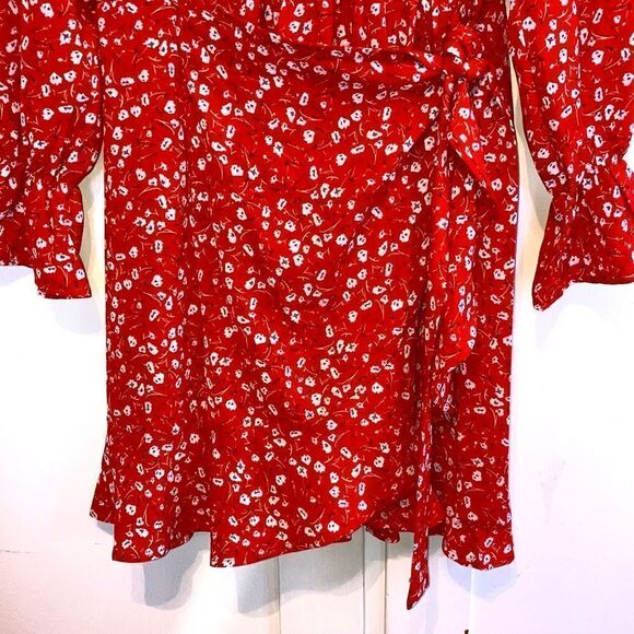 Women’s Red Floral Mock Wrap Knee Length Long Sleeve Lightweight Dress Size L - Picture 4 of 7